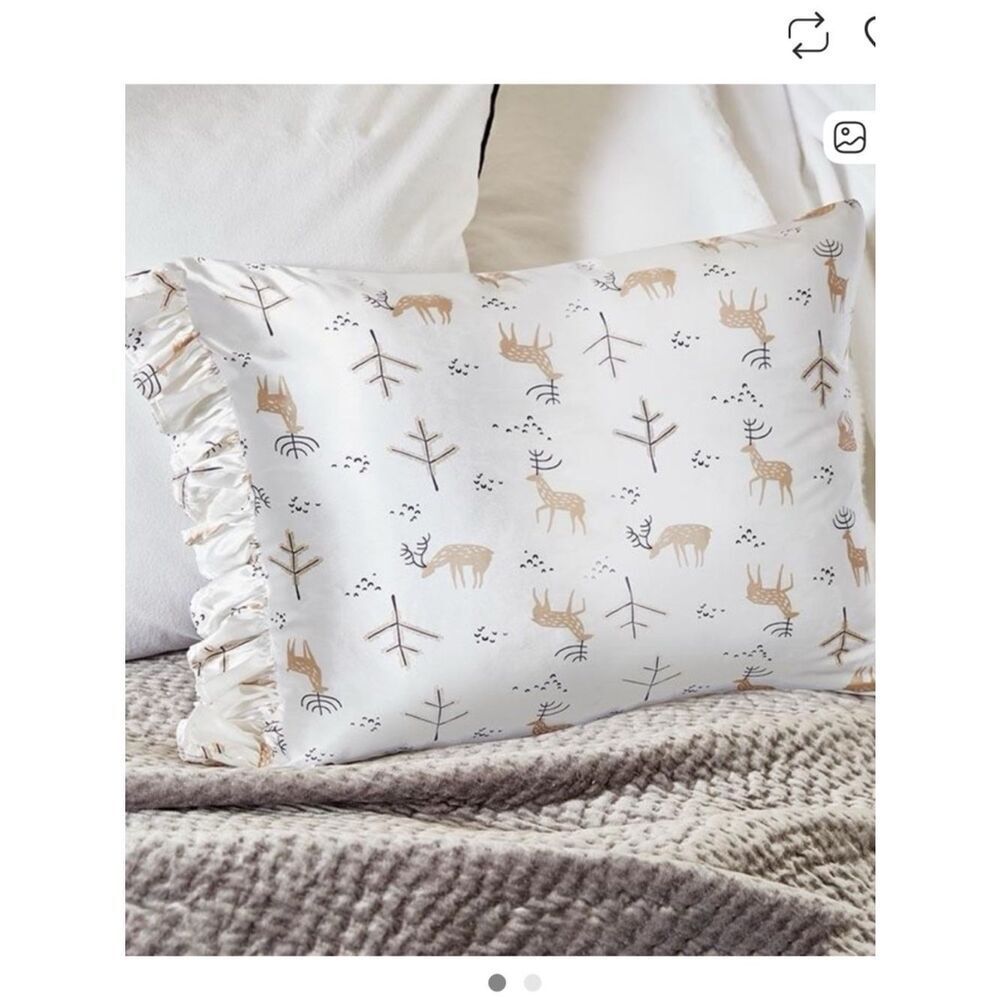 NWT - Set of 2 Bella Sleep & Spa Ruffled Satin Pillowcases Oh Deer